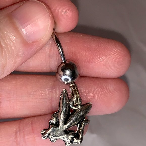 Tink Fairy with Aqua Blue gem, Fairy Design Dangle Belly Ring - Picture 3 of 15